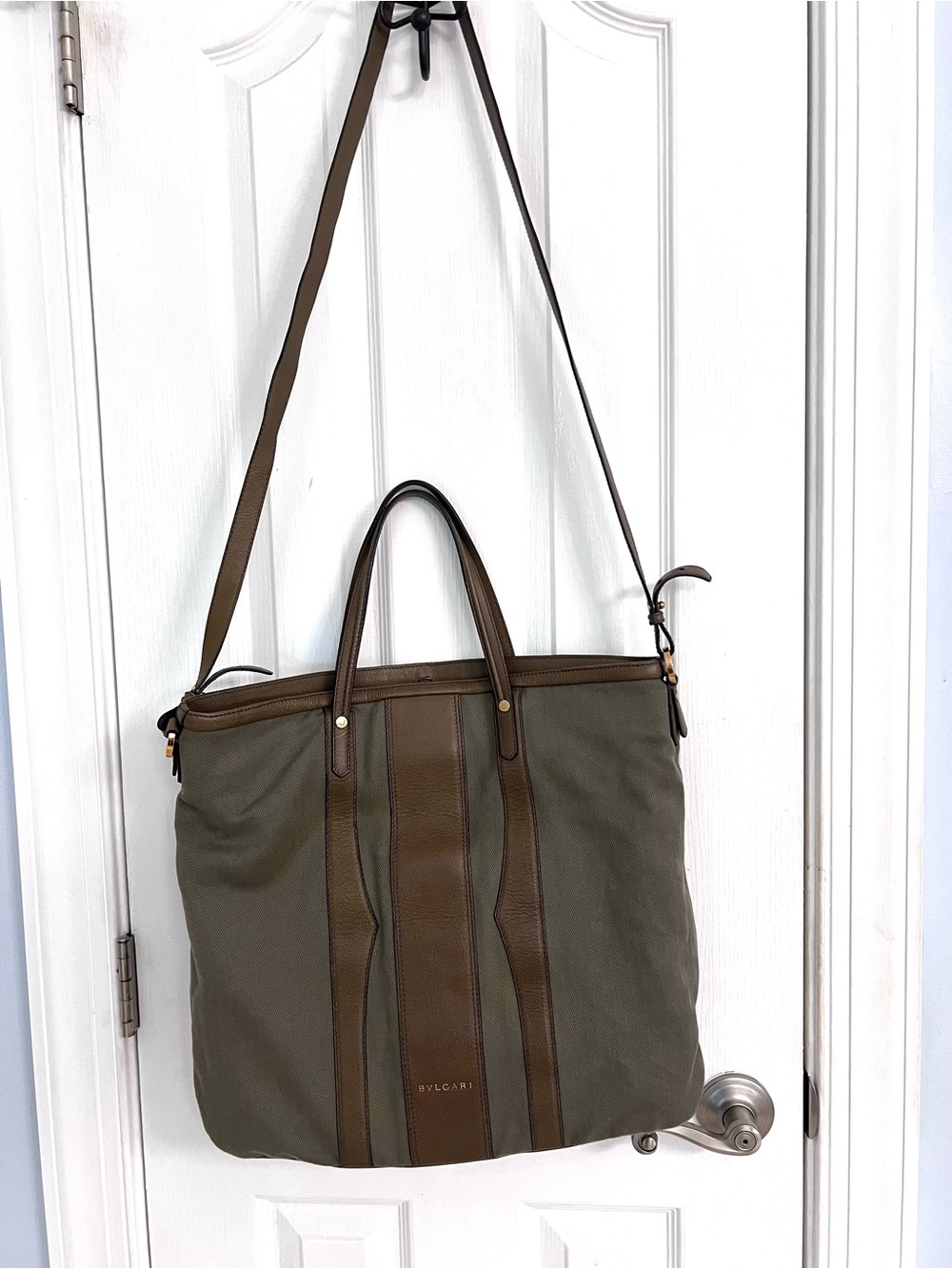 Bulgari Collezione Canvas and Leather Olive Green Tote - Picture 2 of 14